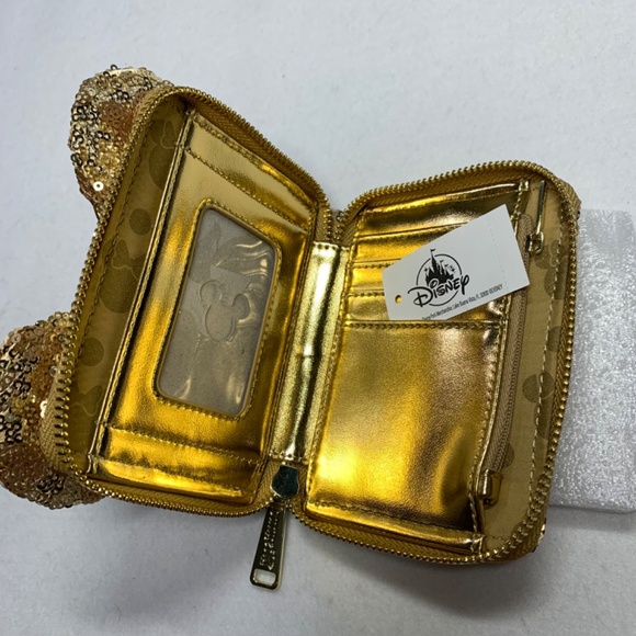 Loungefly Disney Wallet Gold Sequin Mickey Minnie Metallic 5 x 5 NWT Disneyland - Picture 7 of 9